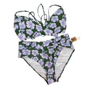 PINK Victorias Secret Hibiscus Floral Bikini Set Green Purple XL High Waisted